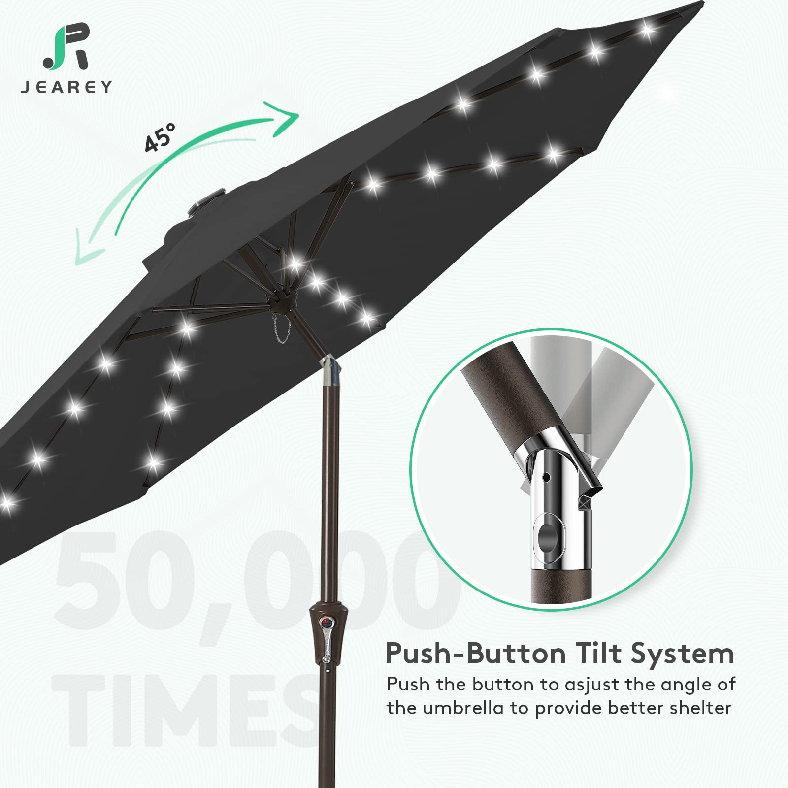 JEAREY 9FT Solar LED Patio Umbrella with Tilt Function - Waterproof Outdoor Table Umbrella for Poolside, Garden, Deck & Backyard (Black) - Perfect for Summer Parties, Beach Lounging & Outdoor Dining