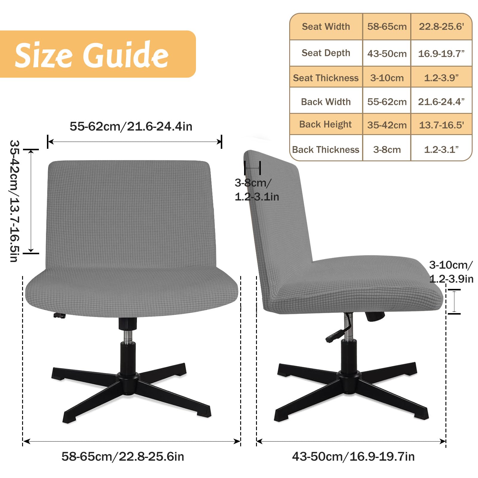 Armless Office Chair Cover - Stretch Knitted Jacquard Slipcover Protector for Wide Seat Chairs, Computer Desk & Vanity Accent Chairs (Grey) - Perfect for Home Office, Study Room & Workspace Decor