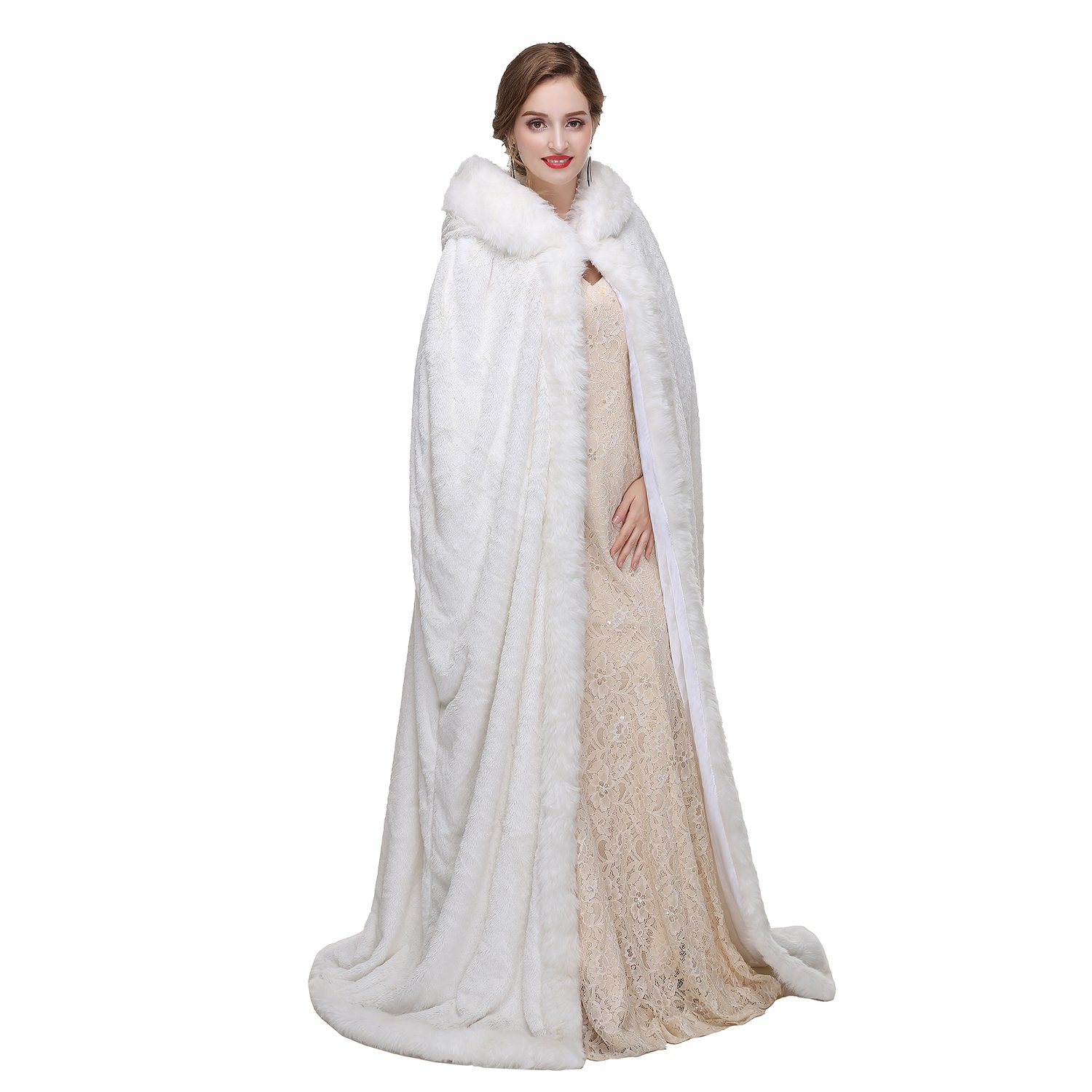 Elegant White Hooded Bridal Cape - Winter Wedding Cloak for Women, Medium Size, Warm Fleece Lining - Perfect for Outdoor Ceremonies, Photoshoots & Cold Weather Receptions