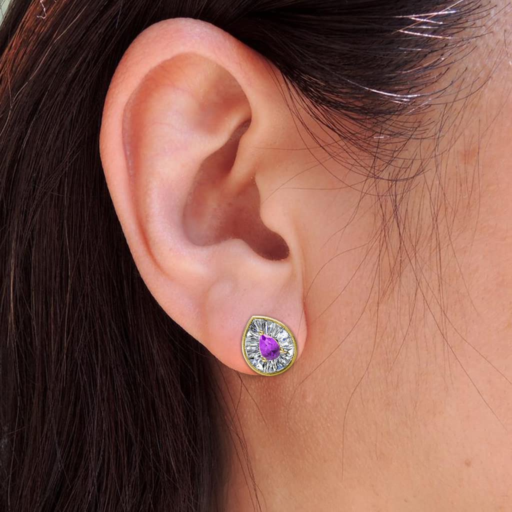 Pear Cut Amethyst & Natural Diamond Halo Stud Earrings for Women - 1 1/8 ctw, 14K Gold Milgrain Detail - Perfect for Weddings, Date Nights & Special Occasions