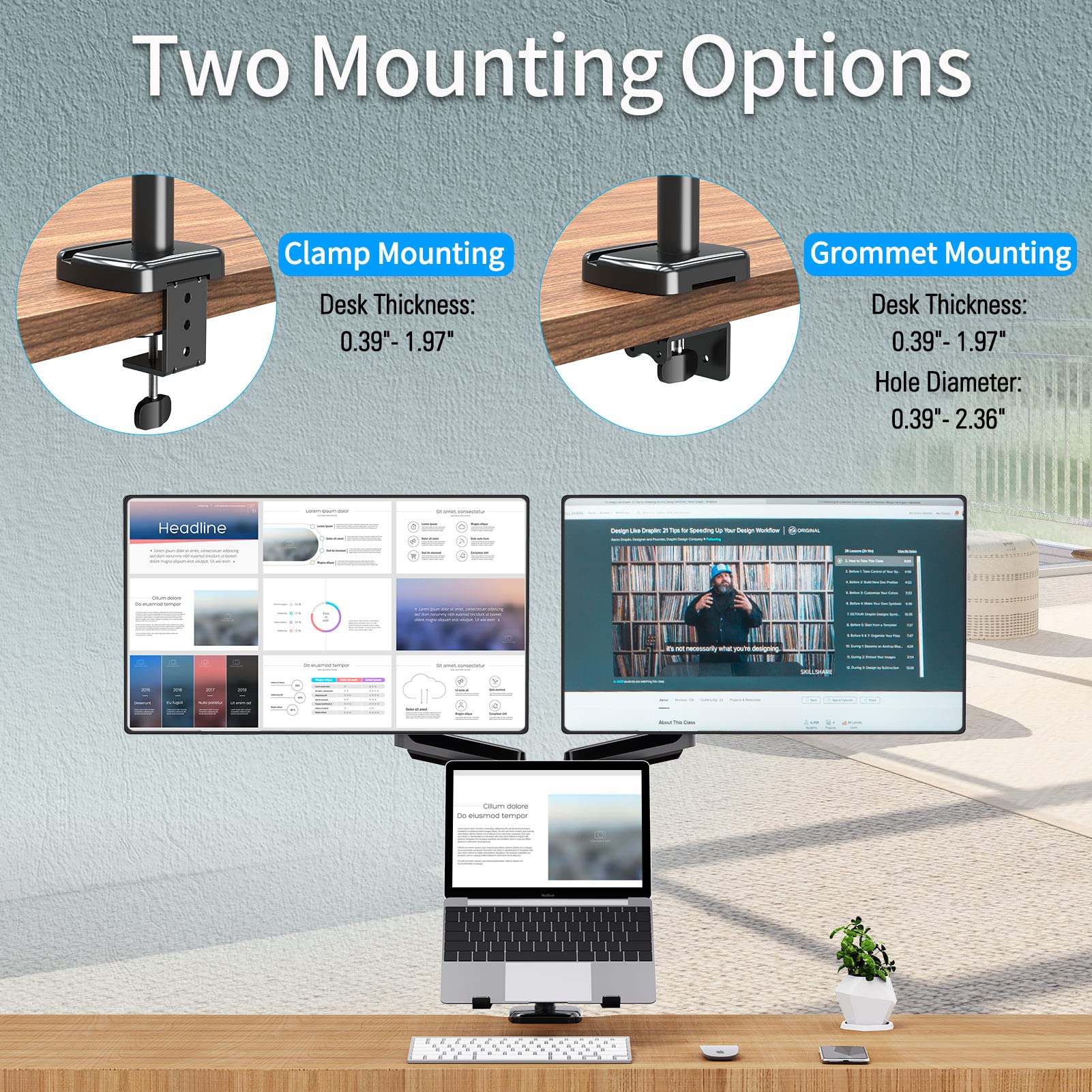 MOUNTUP Dual Monitor and Laptop Mount Stand - Gas Spring Monitor Arm for 2 Screens up to 27