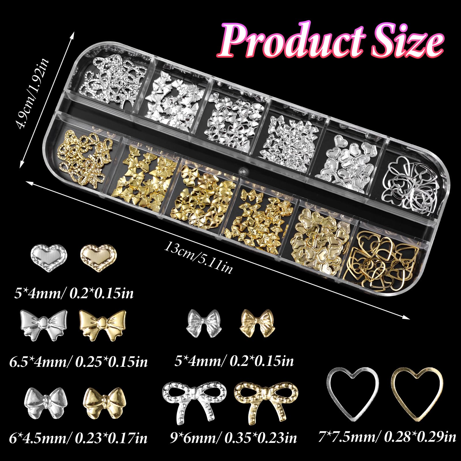 Gold Silver Bow & Heart Nail Charms - Hollow Bowknot Metal Rivet Nail Art Studs for DIY Decoration - Perfect for Nail Art, Manicures, and Creative Nail Designs (100pcs)