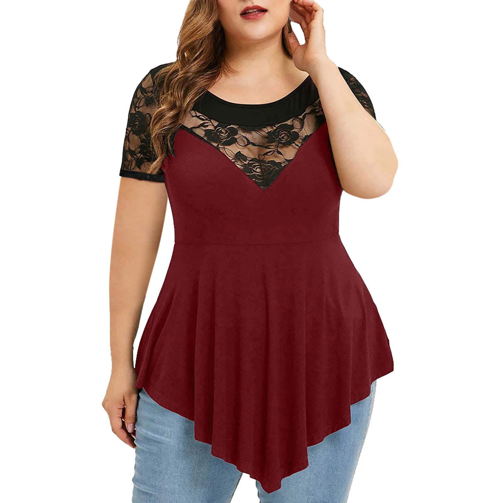 Women's Short Sleeve Casual O-Neck Lace Tunic Tops - Summer Blouse & Dressy T-Shirts for Plus Size - Perfect for Office Wear, Date Nights & Summer Outfits