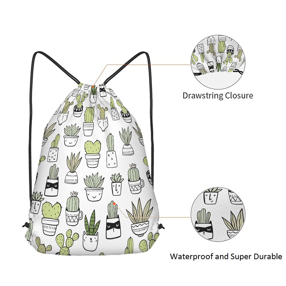 Floral Hand Drawn Cactus Drawstring Backpack - Tropical Summer Style Gym Sack with Green Cacti Plant Art Design - Yoga Bag for Men & Women - Perfect for Sports, Gym, Beach & Outdoor Activities