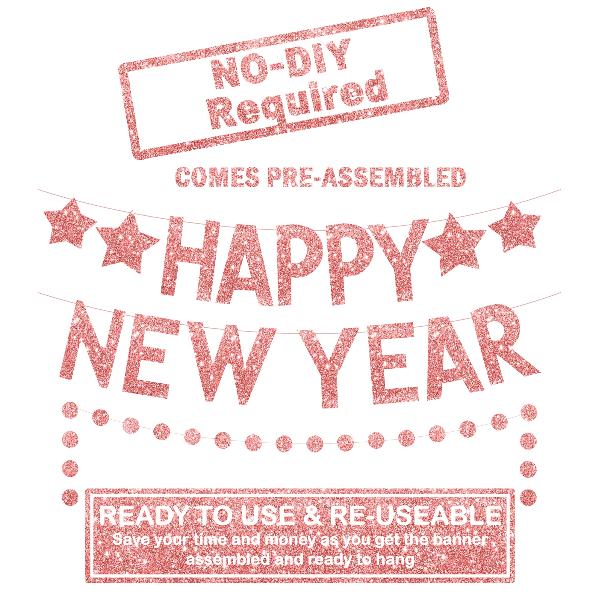KatchOn 10ft Rose Gold Glitter New Year's Banner 2025 - Pre-Strung Happy New Year Decor with Garland | 2025 New Year's Eve Party Supplies for Wall Decor, Countdown Events & Festive Celebrations
