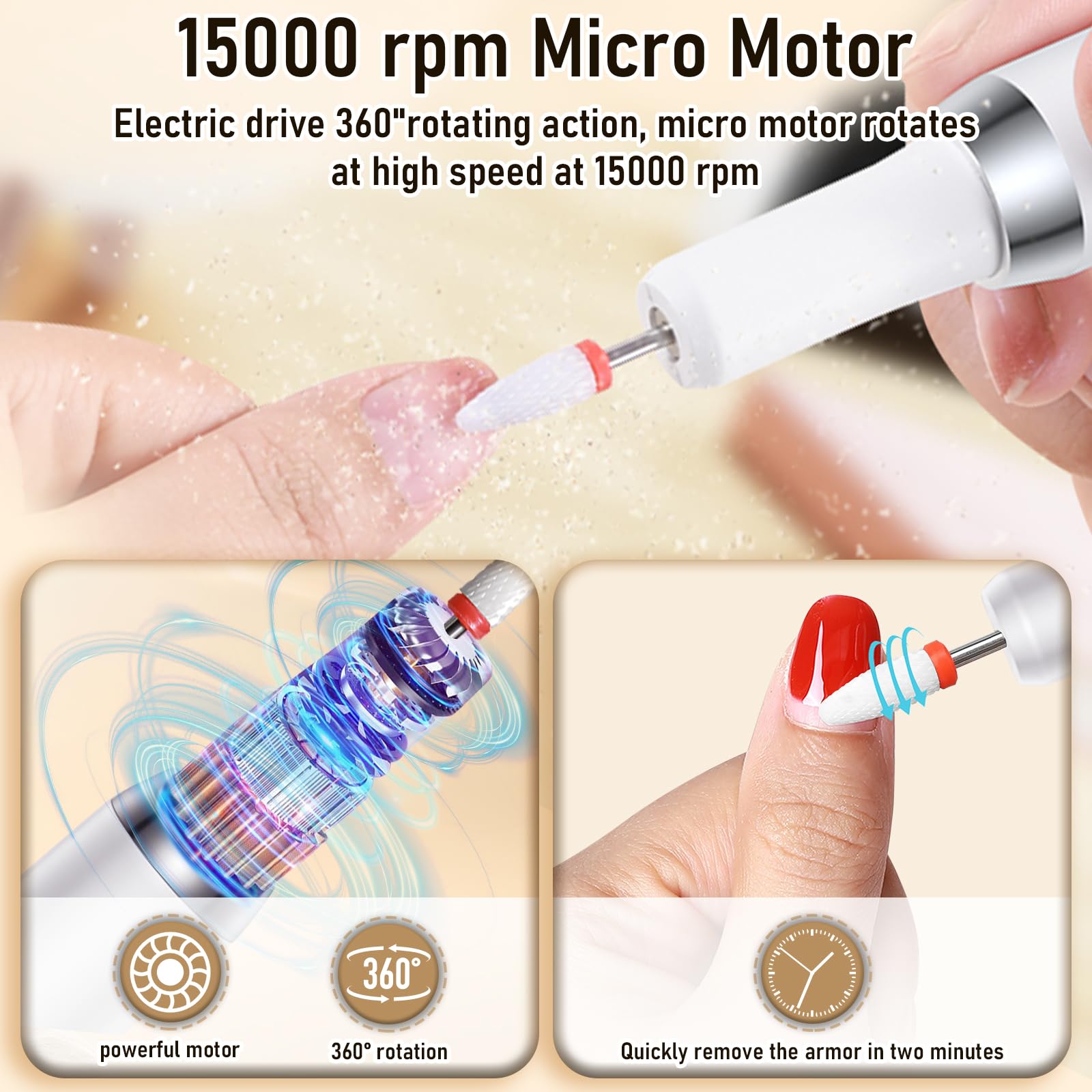 Professional Cordless Electric Nail Drill Kit - 15000RPM 3-Speed Rechargeable Manicure Pedicure Tool with Reversible Direction for Acrylic, Gel & Dip Powder Nails | Portable Nail File for Home & Salon Use | Perfect for DIY Nail Art & Professional Nail Care
