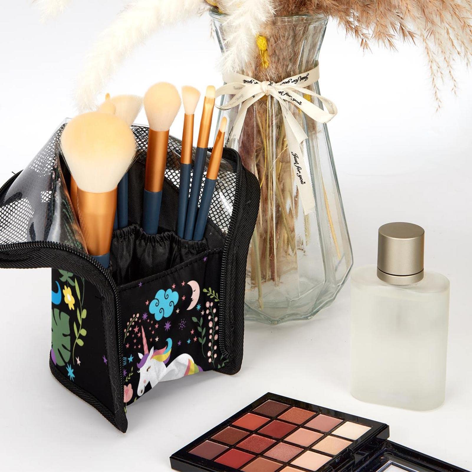 12-Piece Makeup Brush Organizer Bag with Unicorn Cloud Moon Design - Portable Cosmetic Brush Holder Case for Travel & Home Storage