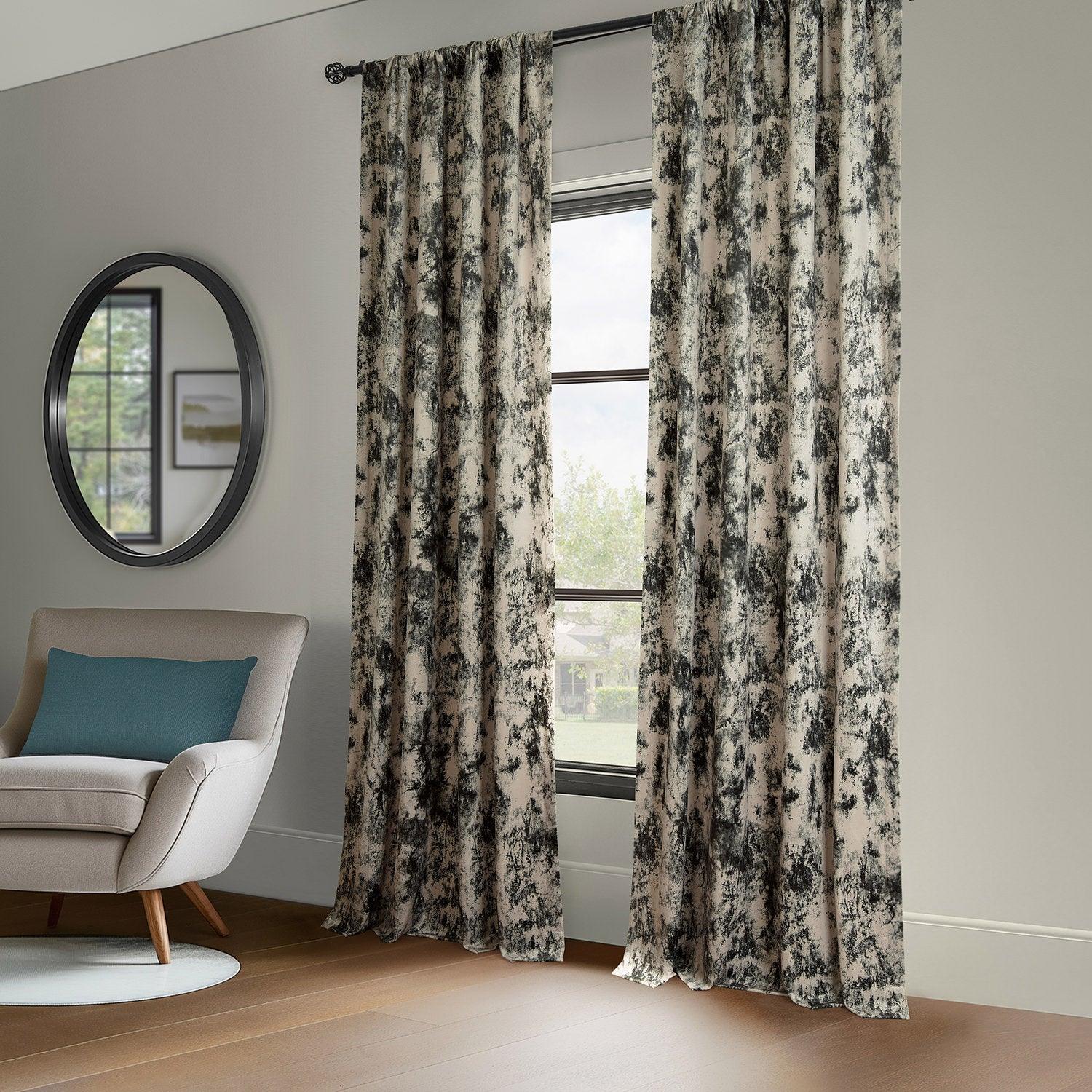 Black Abstract Barcelona Velvet Blackout Curtains for Living Room & Bedroom - Modern Inkblot Design for Light Blocking & Privacy - Home Decor & Window Treatment