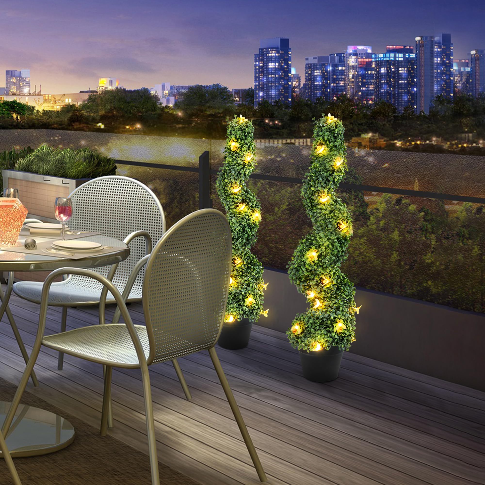 2 Pack 3ft Artificial Boxwood Spiral Topiary Trees with LED Bee Lights - Waterproof UV Resistant Outdoor Indoor Decor for Balcony, Deck, Porch, Garden & Entryway - Includes Sturdy Pot Base for Easy Placement