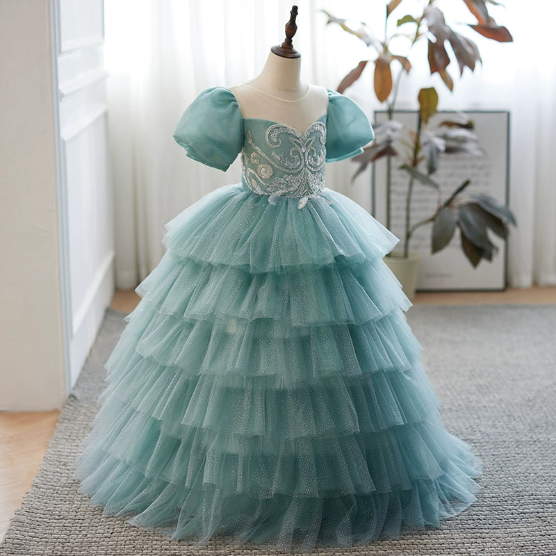 Mint Green Princess Round Floor Length Tulle Flower Girl Dress for Weddings, Baptisms & Special Occasions