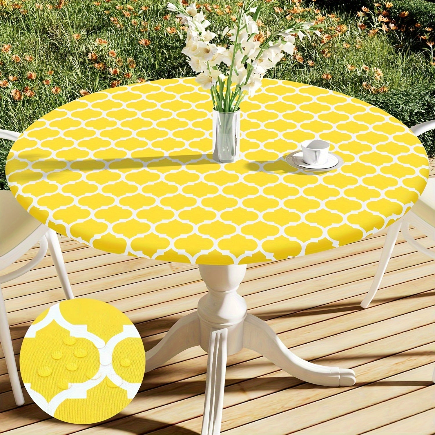 100% Vinyl Round Moroccan Tablecloth - Waterproof & Oil Proof with Flannel Backing, Elastic Edges for Indoor, Outdoor, Patio, Picnic, Camping - Perfect for Dining, BBQs, and Outdoor Gatherings