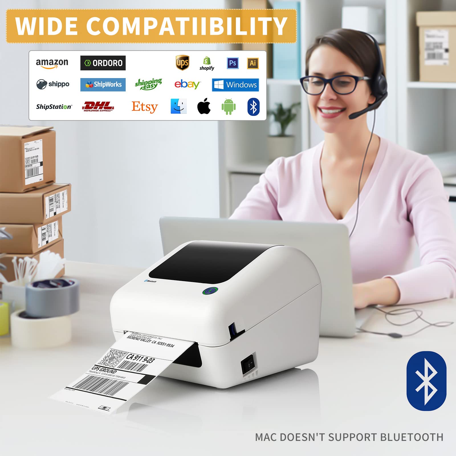 JADENS Bluetooth Thermal Shipping Label Printer - High Speed 4x6 Wireless Label Maker for Ecommerce, Compatible with Amazon, eBay, Shopify, Etsy, USPS | Works with PC, Mac, Phone via USB & Bluetooth | Perfect for Home Office, Small Business Shipping & Mailing Labels