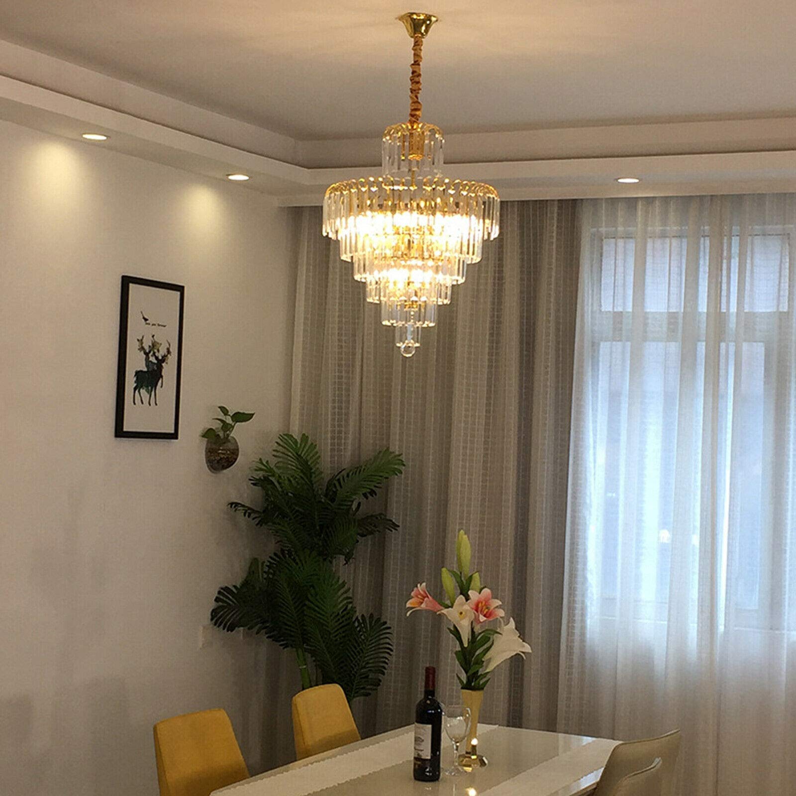 Luxury Crystal Chrome Chandelier - French Empire Style 4-Light K9 Raindrop Ceiling Pendant Light - Adjustable Contemporary Hanging Fixture for Dining Room, Living Room, Hotel Foyer - Gold Finish - Perfect for Elegant Home Decor & Commercial Spaces