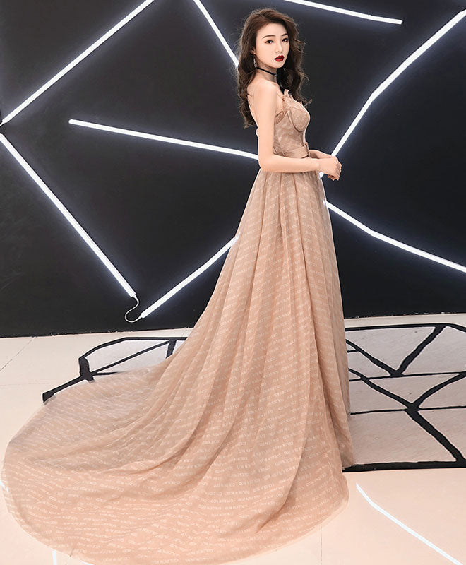 Elegant Champagne A-Line Tulle Long Prom Dress for Evening Gala & Formal Events - Perfect for Homecoming, Wedding, and Special Occasions