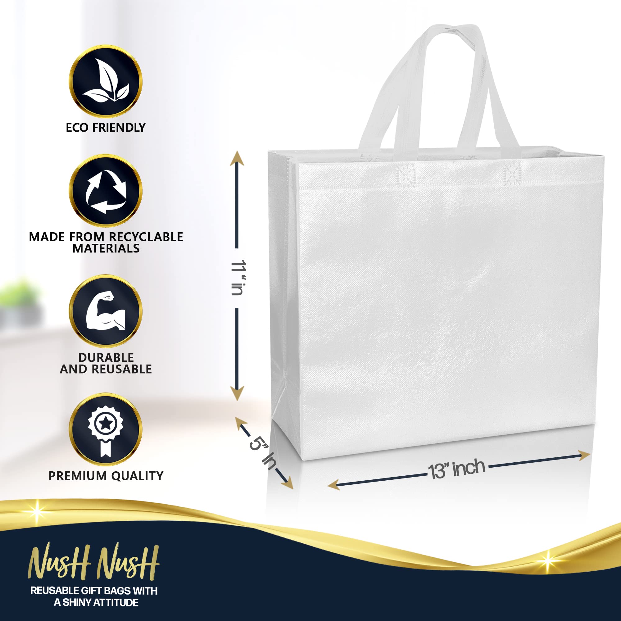 Premium White Gift Bags Bulk Pack of 12 - Large Reusable Shiny Party Favor Bags with Handles (13
