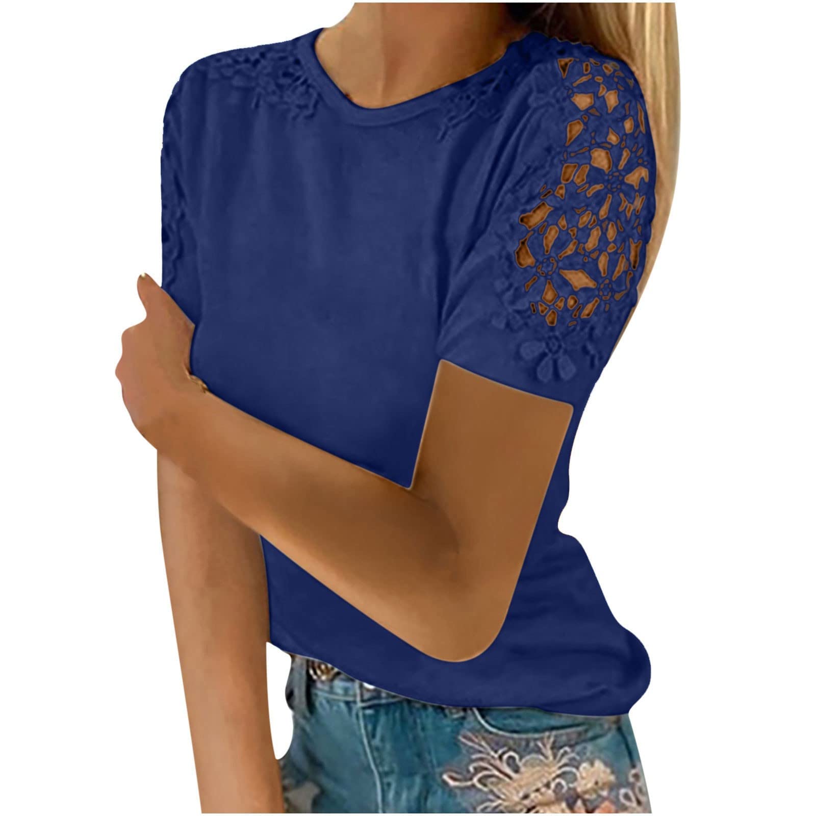 Lace Short Sleeve Blouses - Women's Crew Neck T-Shirts for Summer | Casual Comfort Top for Everyday Wear, Date Night & Office Outfits
