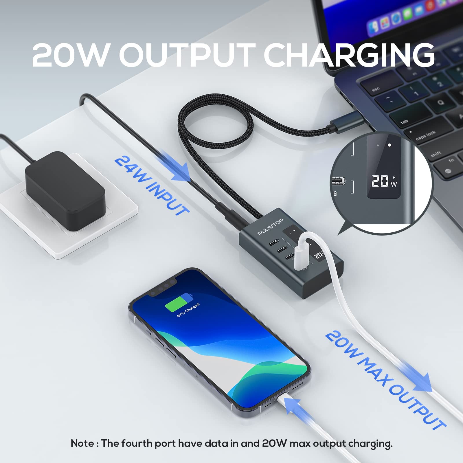 PULWTOP 4-in-1 USB C Hub with 24W UK Plug Adapter - 20W Charging Port & 3x 10Gbps USB C Gen2 Ports - Compatible with MacBook Pro/Air, iMac, iPad - Perfect for Home Office, Travel & Multi-Device Charging