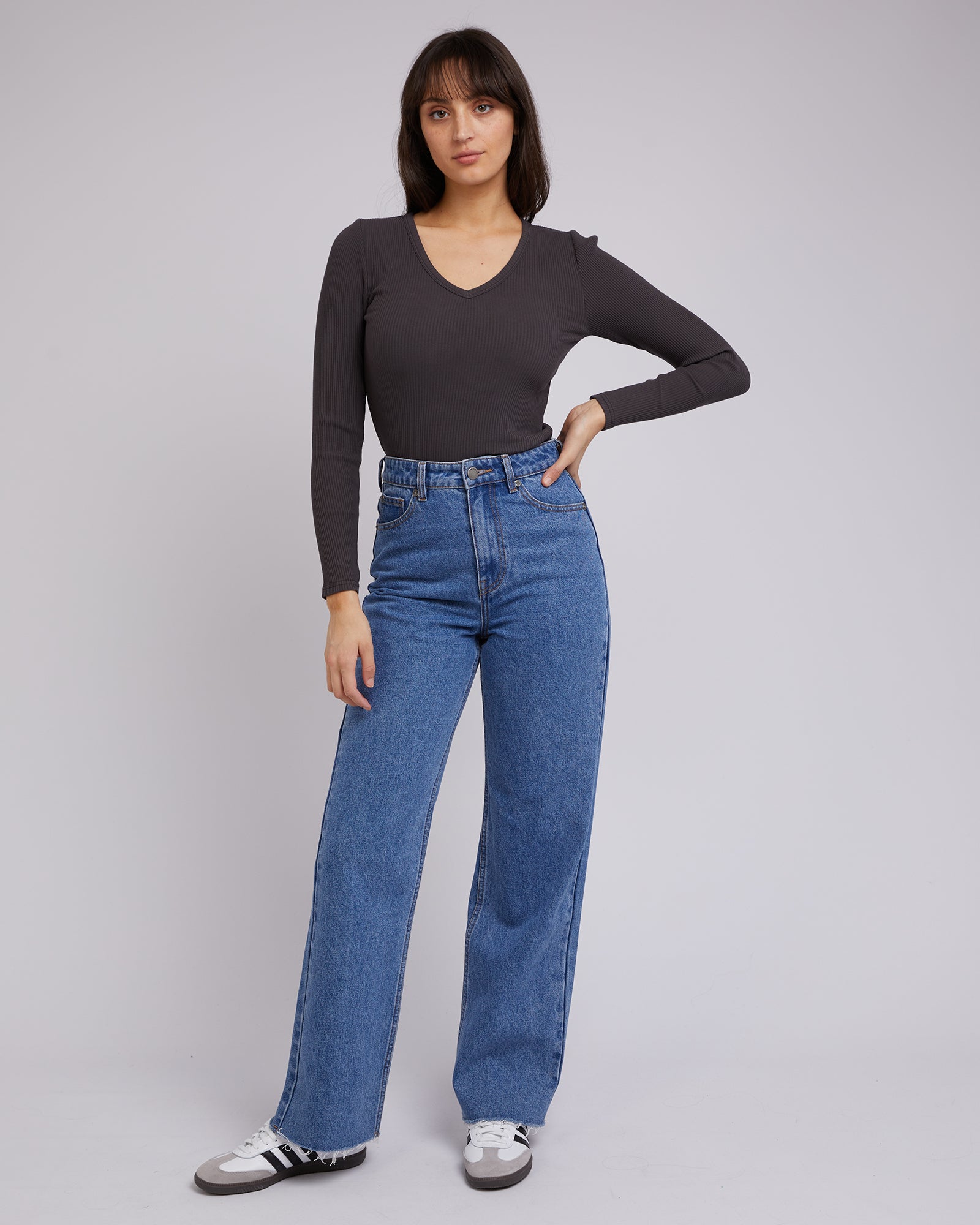 All About Eve Rib V Neck Long Sleeve Top in Washed Black - Perfect for Casual Outings, Layering & Everyday Comfort