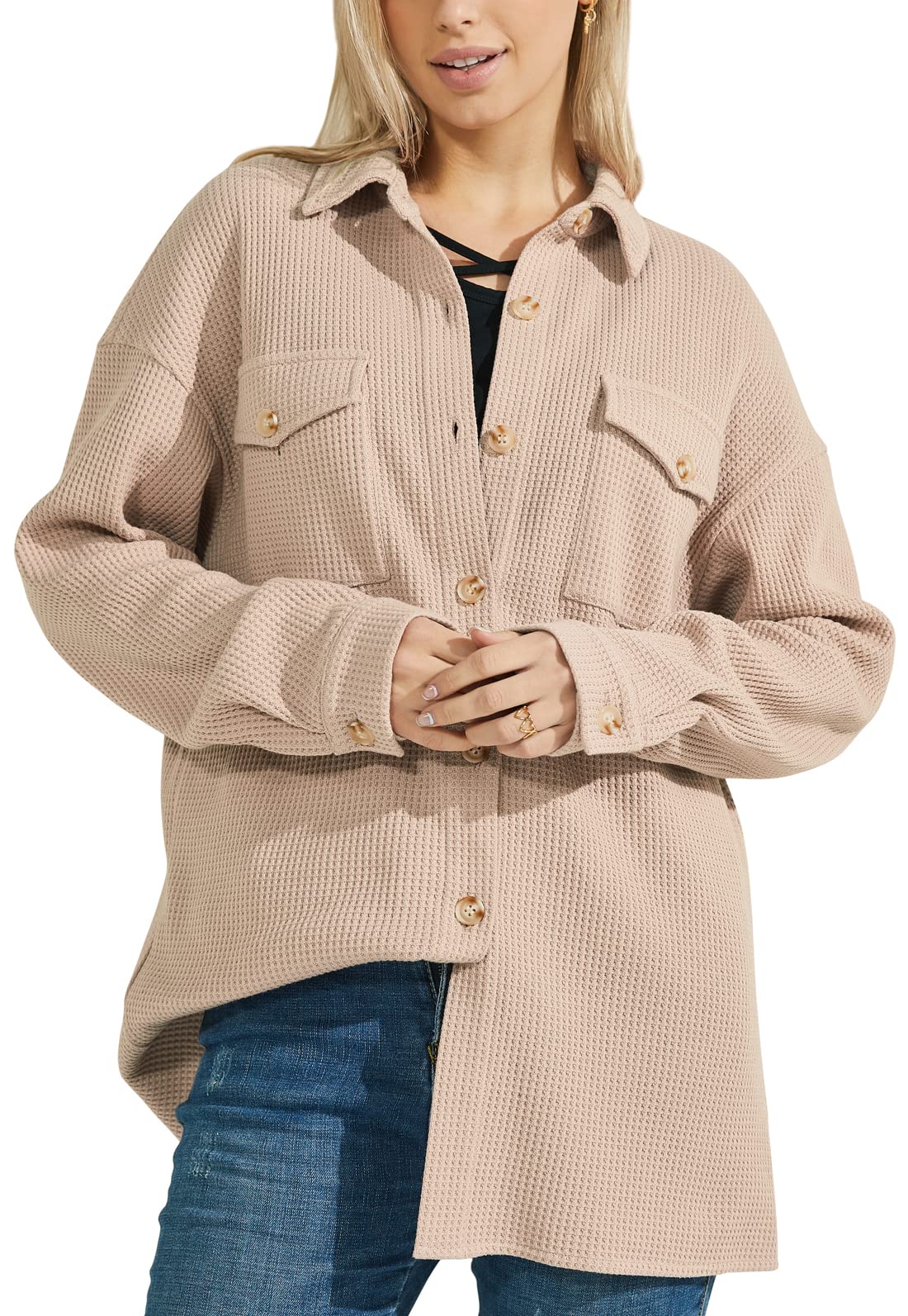 Women's Fashion Drop Shoulder Button Up Sweatshirt - Loose Oversized Waffle Knit Shirt Blouse Shacket for Casual Wear, Layering & Fall Outfits