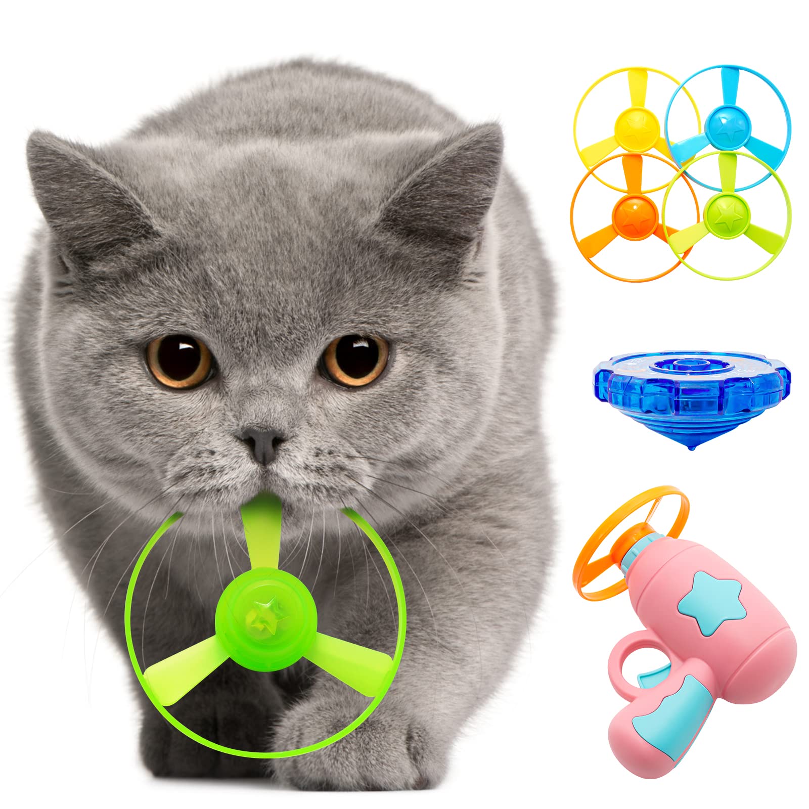 Interactive LED Cat Fetch Toy with Light-Up Spinning Top & 4 Propellers - Flying Disc Toy for Training, Hunting & Chasing - Perfect for Indoor Play & Exercise (Pink)