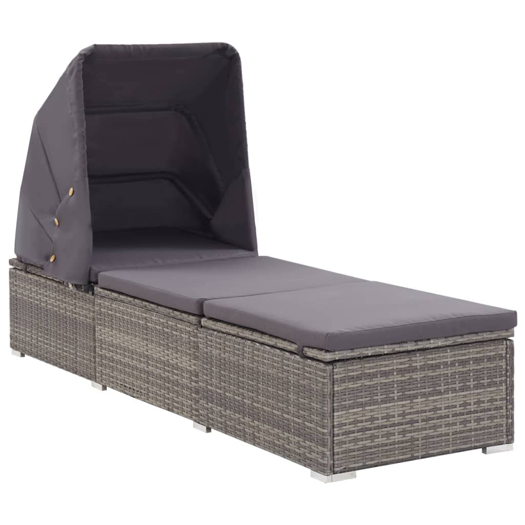 vidaXL Gray Poly Rattan Sun Lounger with Canopy & Cushion - Outdoor Chaise Lounge for Garden, Patio & Poolside Relaxation | Durable Weather-Resistant Furniture for Backyard, Beach & Resort Style Living