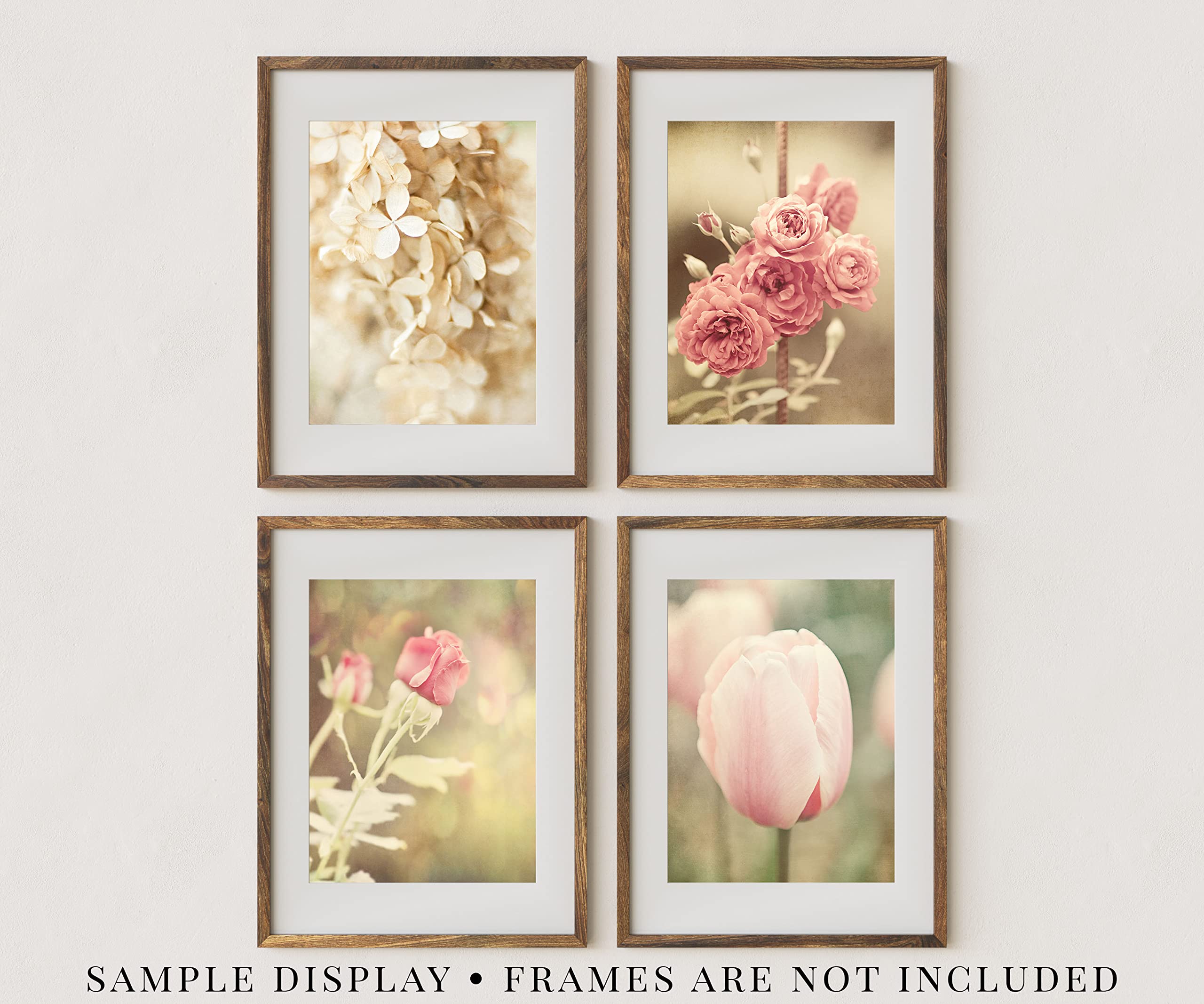 Pink and Off White Floral Art Prints - Set of 4 Unframed Wall Decor - Shabby Chic French Country Flower Pictures - Perfect for Bathroom, Bedroom, Nursery or Living Room - 8x10 Inches - Home Decor Gift Idea