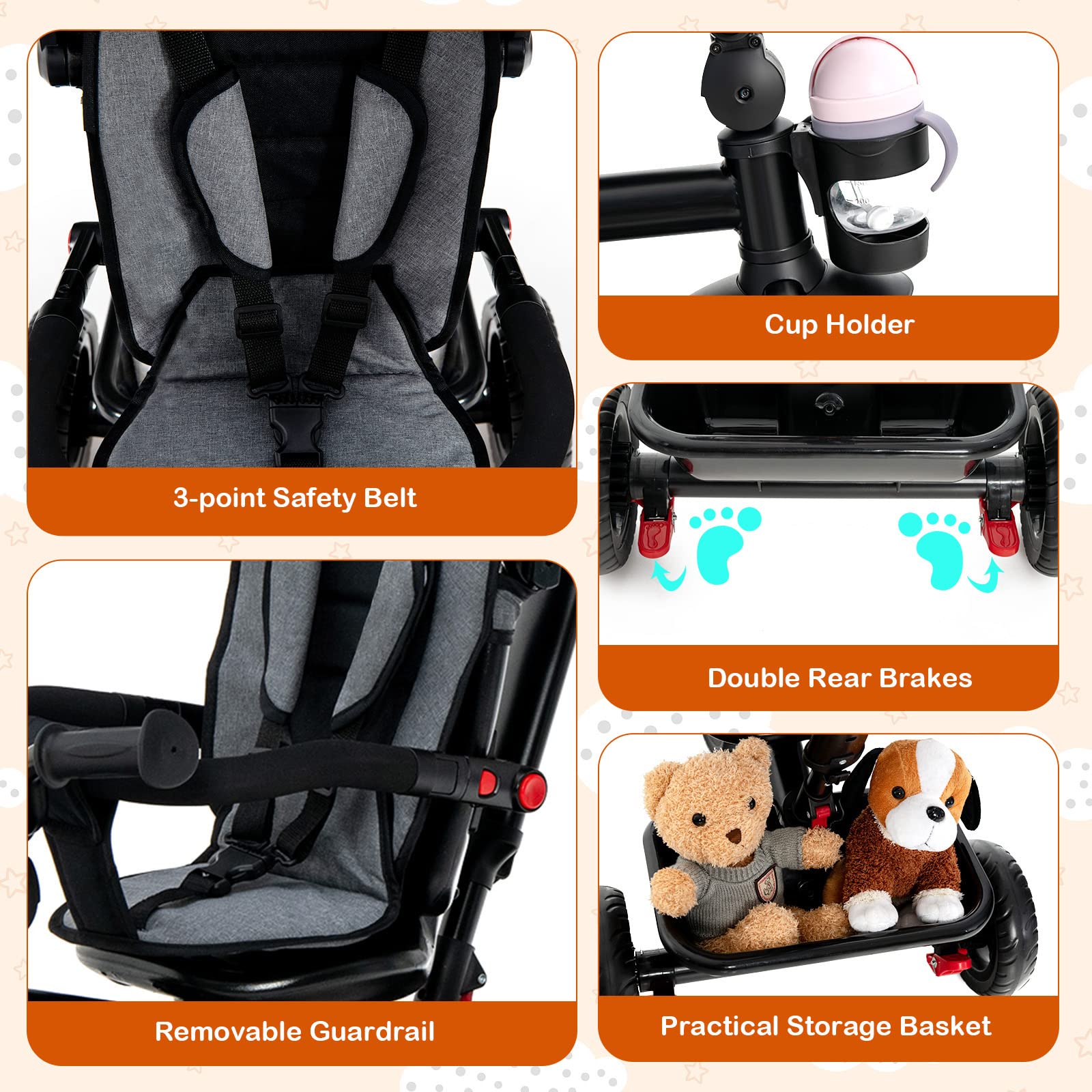 HONEY JOY 5-in-1 Adjustable Baby Tricycle Stroller with Canopy & Push Handle - Reversible Seat, EVA Wheels, Cup Holder & Storage Basket - Toddler Trike for Kids Ages 1.5-5 Years (Gray) - Perfect for Outdoor Walks, Park Visits & Neighborhood Rides