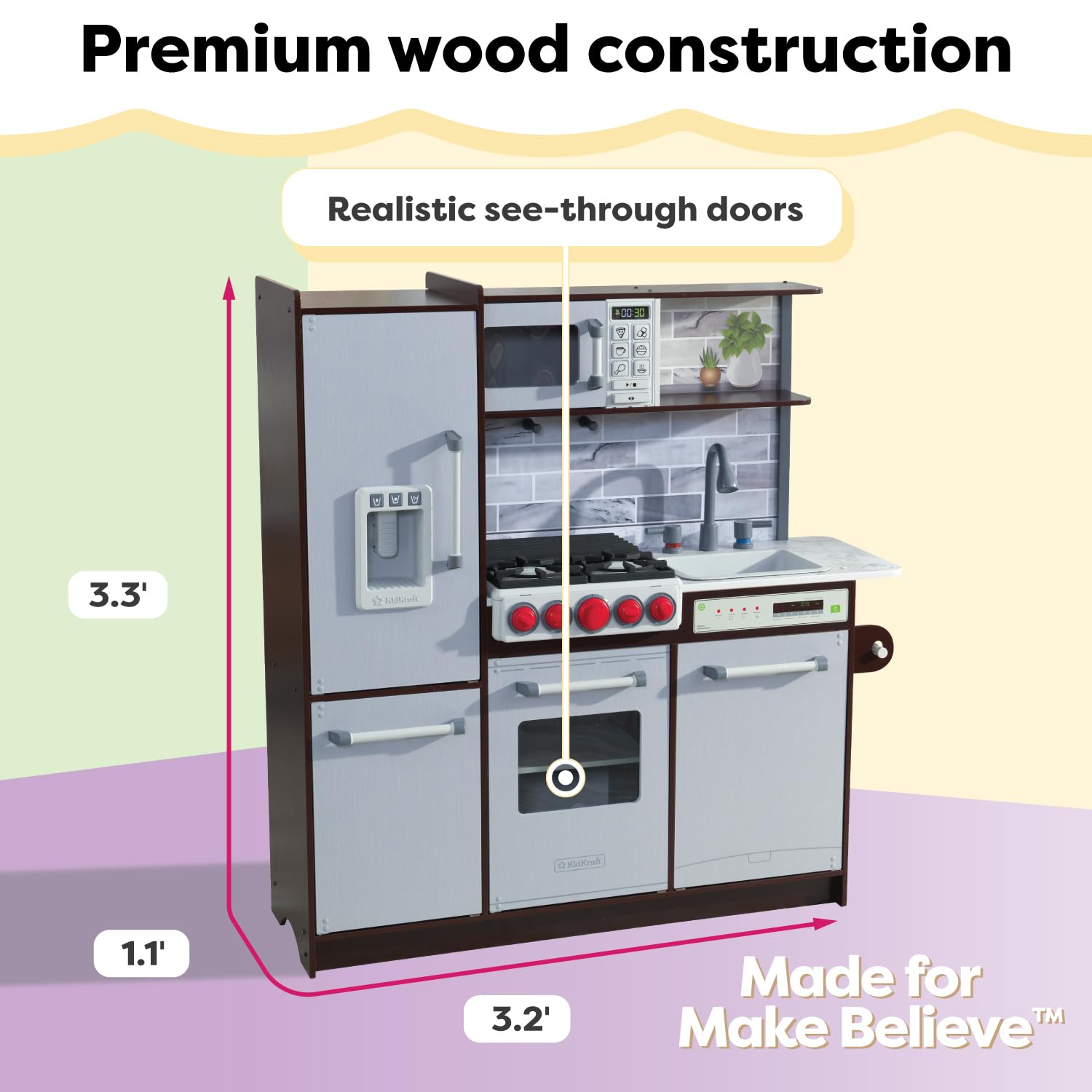 KidKraft Uptown Elite Espresso Play Kitchen - Wooden Pretend Play Set with Lights, Sounds & Working Ice Maker | EZ Kraft Assembly™ | Click & Turn Knobs | Educational Toy Gift for Kids Ages 3+ | Perfect for Imaginative Play, Role-Playing & Early Childhood Development