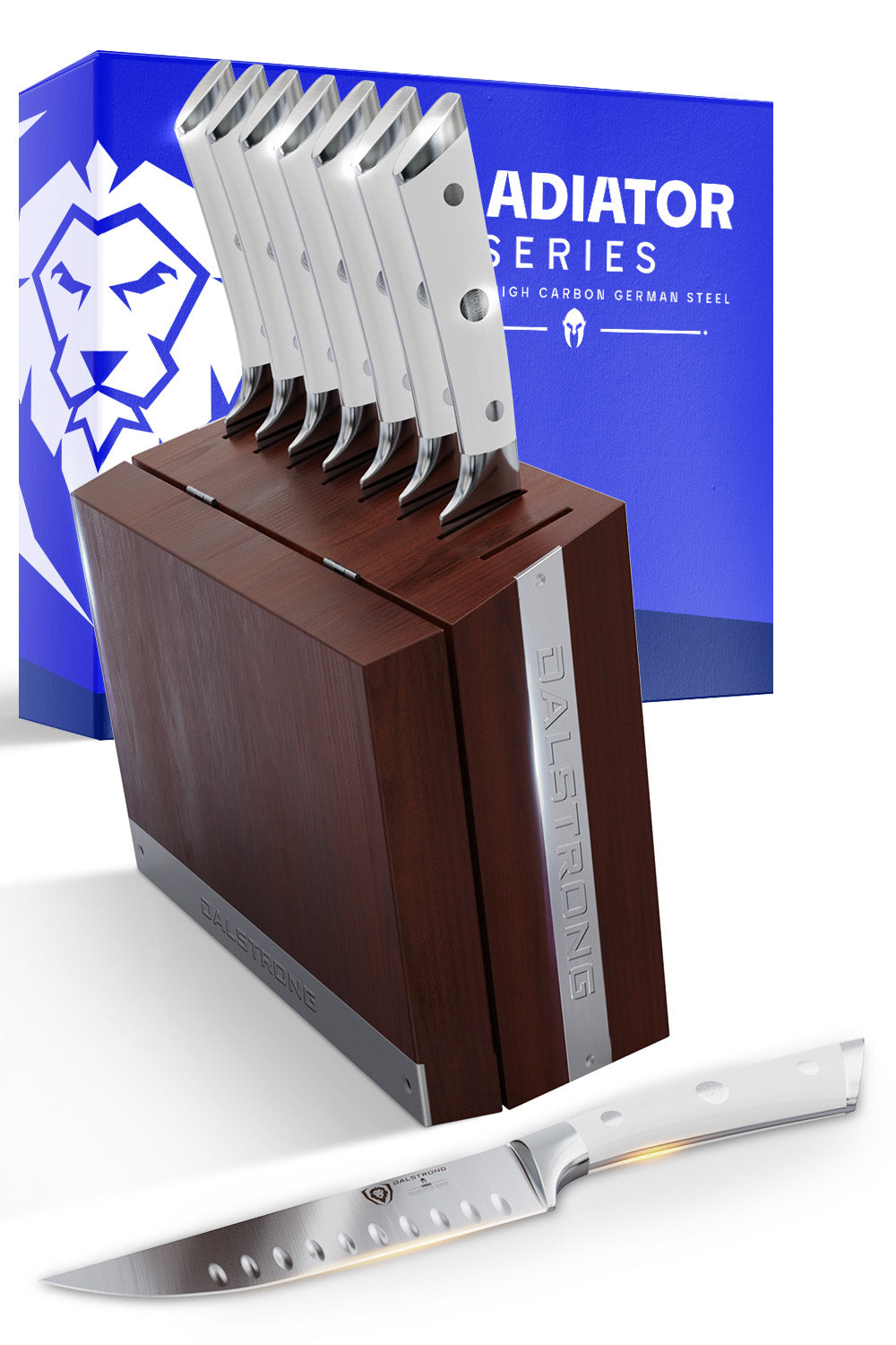 Premium 8-Piece Steak Knife Set with Wooden Storage Block - White ABS Ergonomic Handles - Dalstrong Gladiator Series - Perfect for Steakhouse Dining, BBQ Parties & Home Kitchen Use