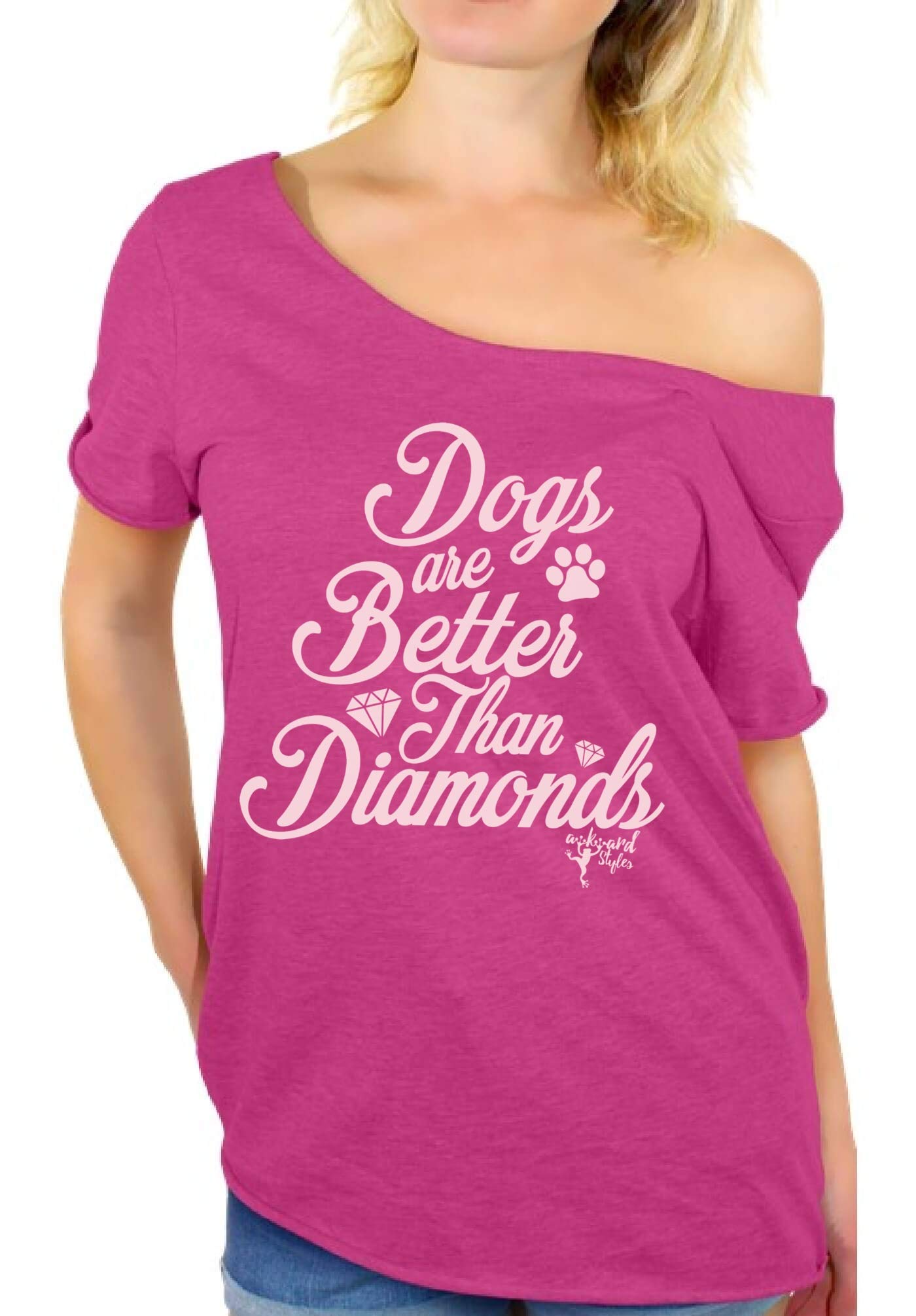 Awkwardstyles 'Dogs Are Better Than Diamonds' Graphic Off Shoulder T-Shirt for Women - Funny Pet Lover Casual Top with Free Bookmark Gift - Perfect for Dog Owners, Casual Outings & Gifts