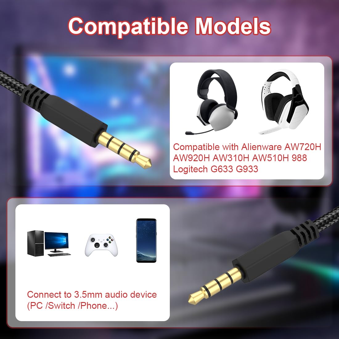 AW920H Detachable Gaming Headset Cable - Compatible with Alienware AW720H/AW310H/AW510H/988 Headsets - Nylon Braided Wire with Inline Mute & Volume Control (5.5ft) - Perfect for PC Gaming, Streaming, and Online Meetings