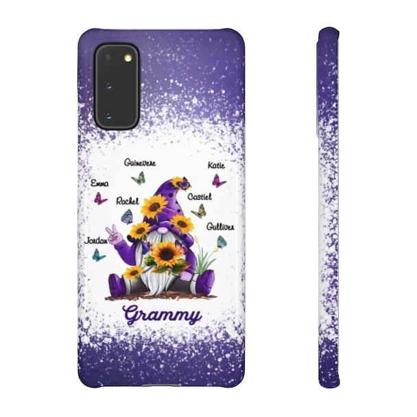 Personalized Polka Dot Phone Case with Sunflower Gnome & Butterflies Design - Perfect Gift for Mom & Grandma - Purple Gnome White Case for iPhone/Samsung - Great for Mother's Day, Family Photos & Daily Protection