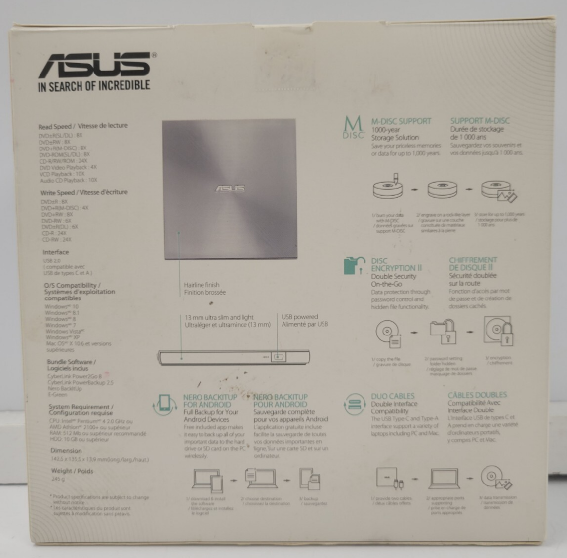ASUS SDRW-08U9M-U External DVD Drive - Portable USB 2.0 CD/DVD Writer for Laptop & Desktop - Perfect for Data Backup, Movie Playback & Software Installation
