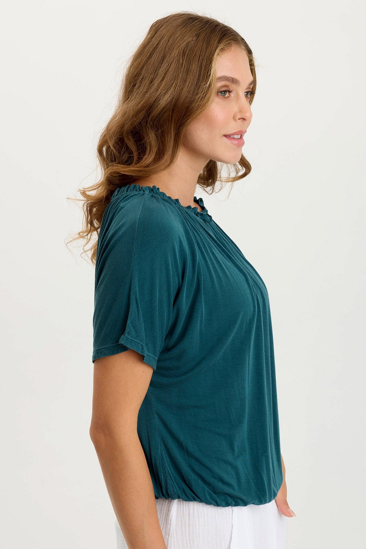 Deitra Women's Jersey Shirred Tee - Soft Stretch Short Sleeve T-Shirt for Casual Wear & Summer Outfits
