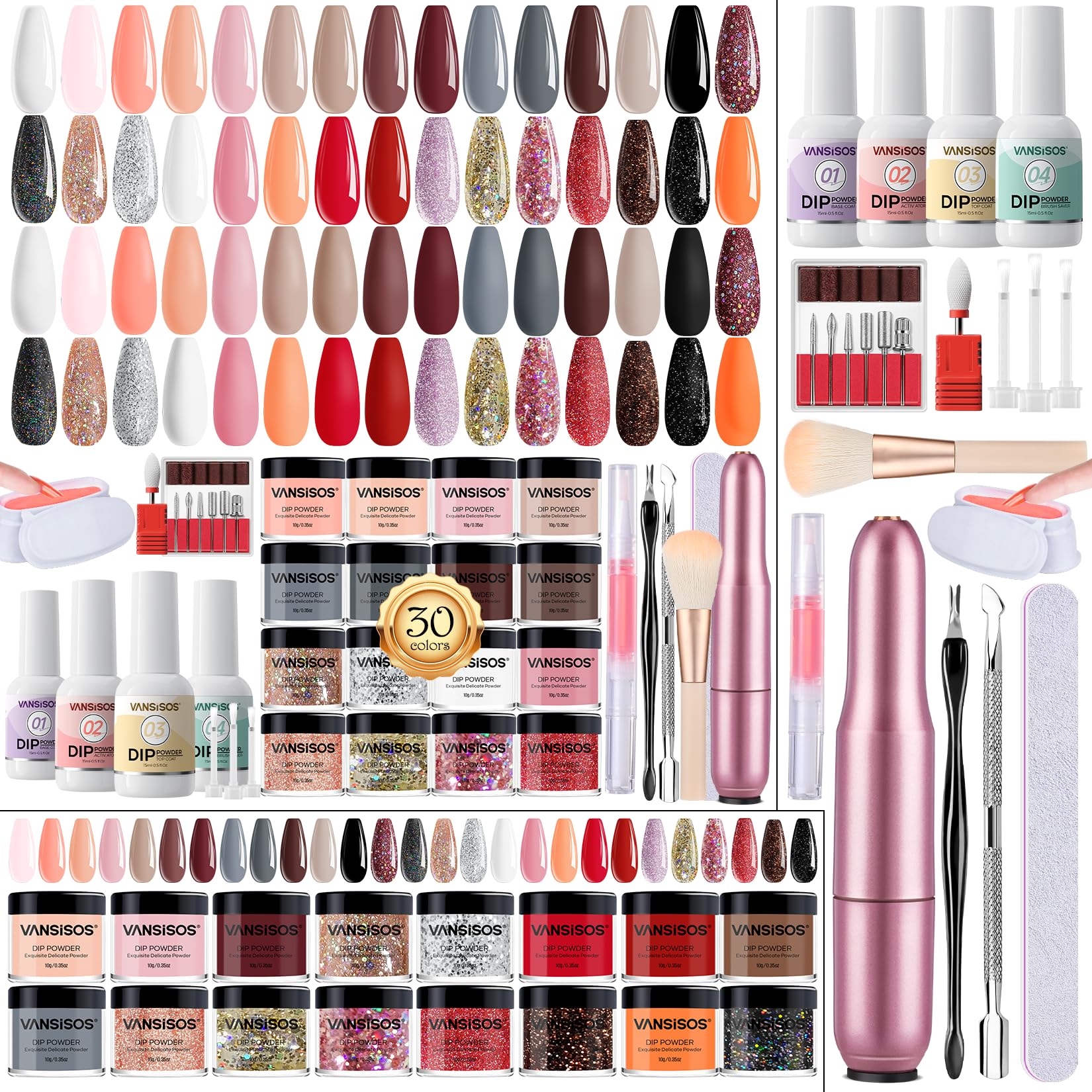 30 Colors Dip Powder Nail Starter Kit - Nude Pink Glitter Dipping Powder Set with Nail Drill for Professional Salon & Home Manicures