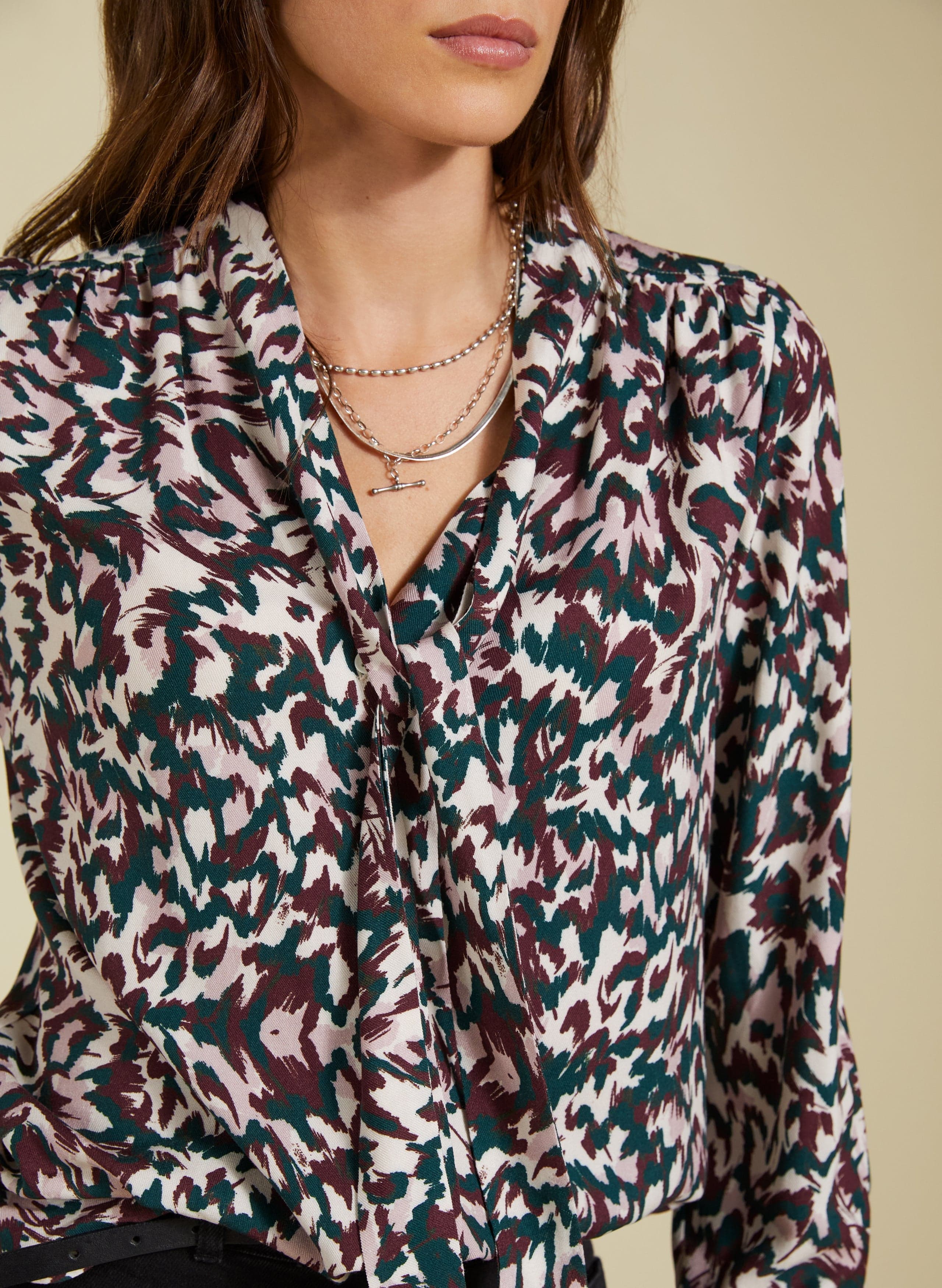 Effie LENZING™ ECOVERO™ Printed Tie Neck Blouse - Beige Animal Print Women's Fashion Top for Work & Casual Wear