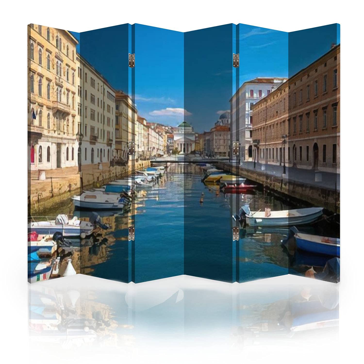 6-Panel Canvas Room Divider Screen with Trieste Channel & Ponte Rosso Square View - Handmade Italian Privacy Partition for Bedroom, Office & Living Space | Foldable Room Separator for Home Decor & Space Division