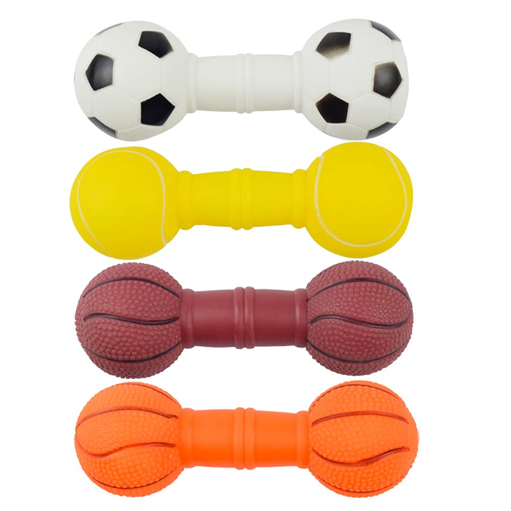 4 Pack Durable Dog Chew Toys - Interactive Rubber Balls & Squeaky Puppy Toys for Small & Large Dogs - Safe Molar Toys for Teething, Bouncing Play & Training - Includes Puppy Barbell Sound Toy (Vinyl) - Perfect for Indoor/Outdoor Play, Puppy Training & Teeth Cleaning