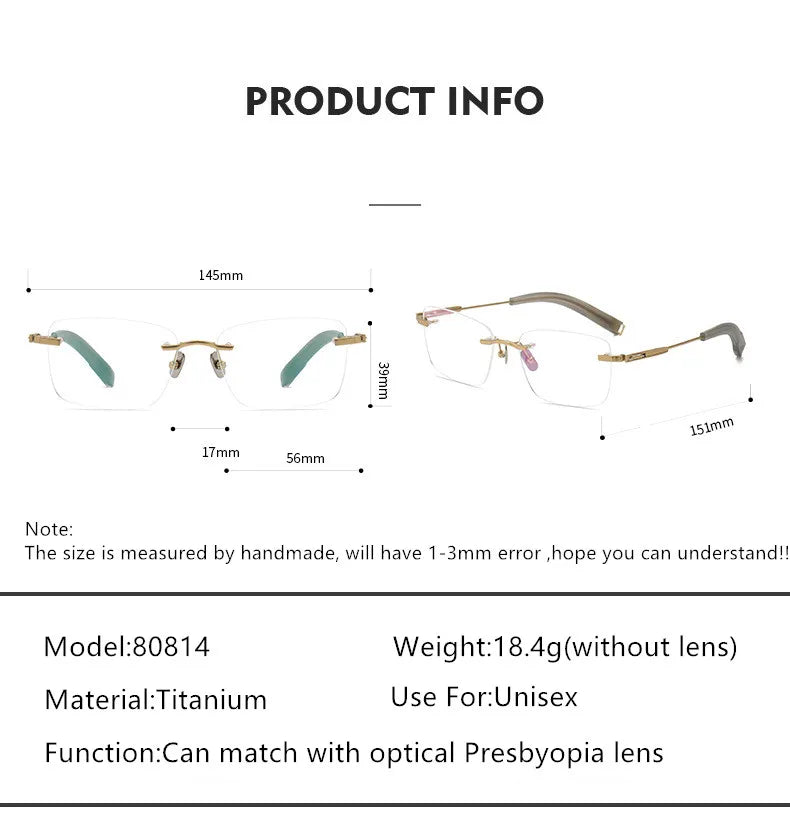 Aimee Unisex Rimless Polygon Square Titanium Eyeglasses 80814 - Lightweight Durable Frame for Men & Women - Perfect for Reading, Work & Fashion Accessories