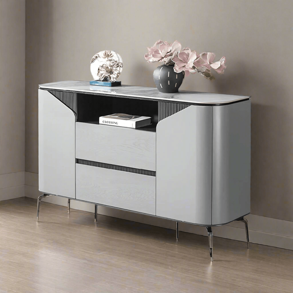 Maurin Buffet Hutch with Sintered Stone Top - 55 Inch Modern Kitchen Storage Cabinet with Glass Doors & Adjustable Shelves - Perfect for Dining Room, Living Room, and Home Decor
