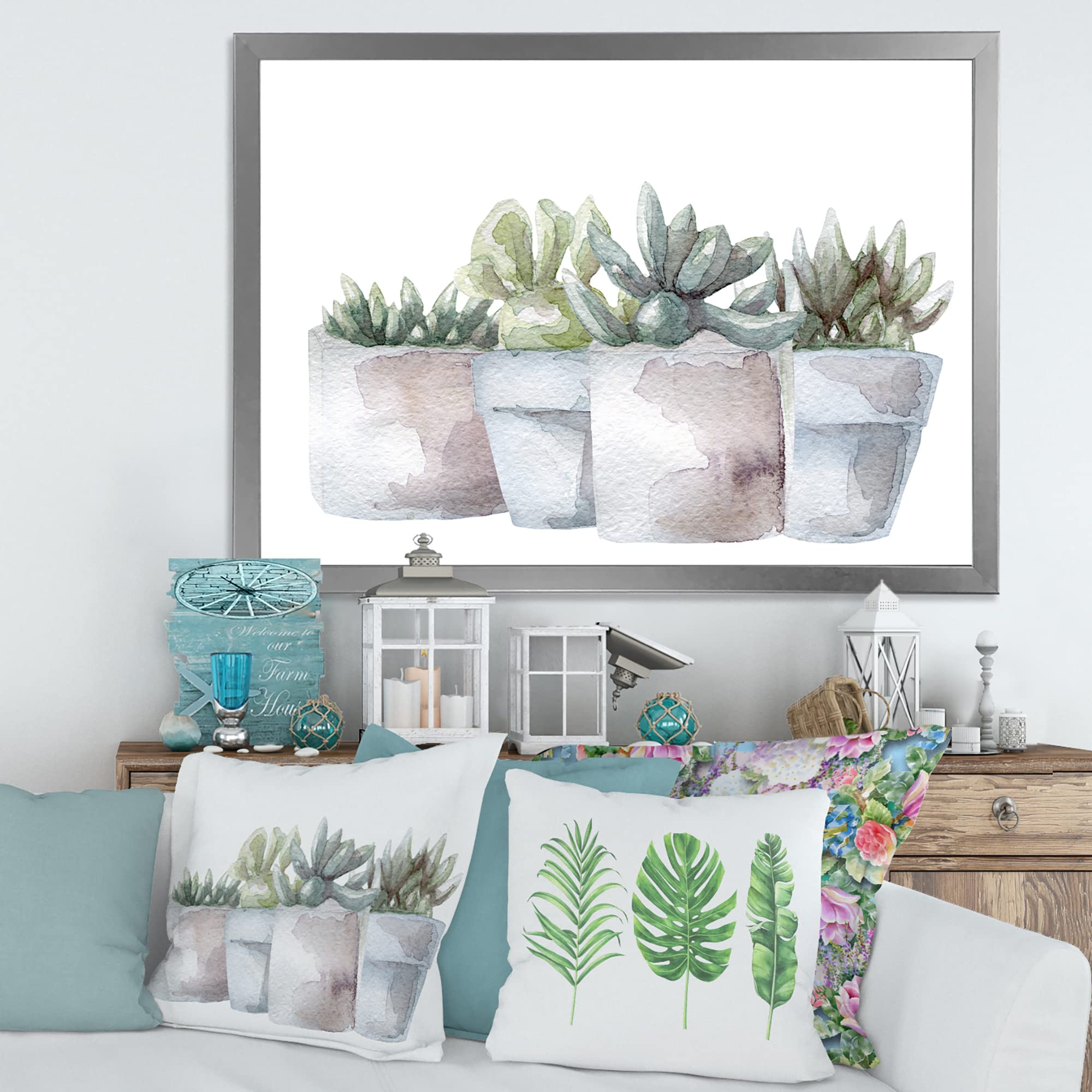 DesignQ Cactus and Succulent House Plants III - Farmhouse Style Framed Wall Art Decor for Living Room, Bedroom & Office