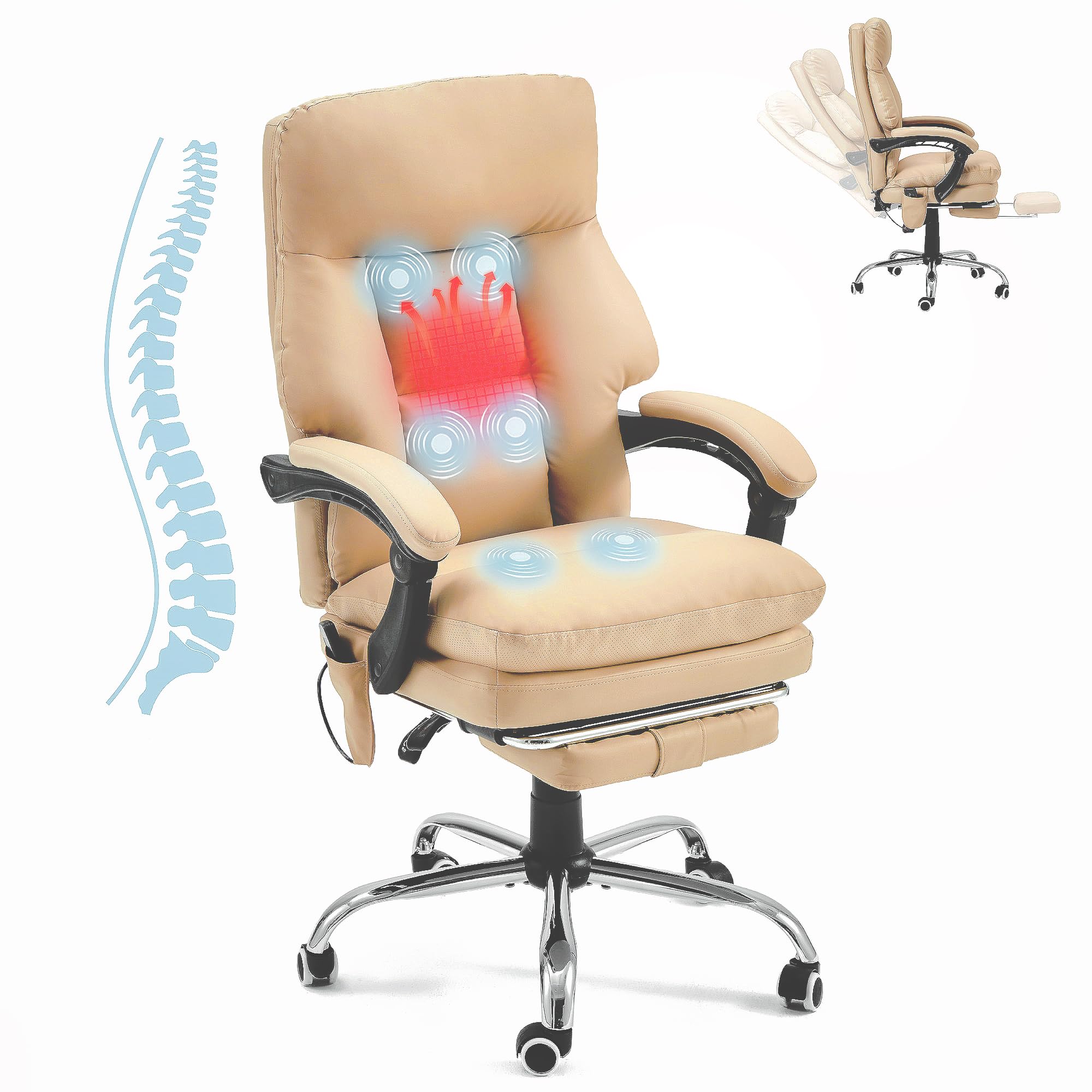 HOMREST Ergonomic Office Chair with 6-Point Massage & Heating, Adjustable Executive Desk Chair with Footrest - PU Leather Home Office Chair for Back Pain Relief, Perfect for Work from Home & Office Use (Khaki)