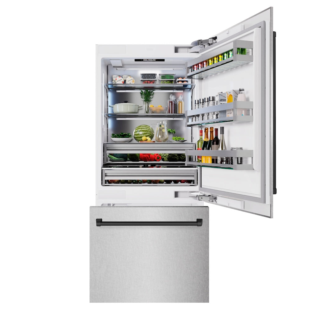 ZLINE Autograph Edition 36 Inch Built-In Bottom Freezer Refrigerator - 19.8 cu ft Capacity, Water Dispenser & Ice Maker - Satin Stainless Steel with Matte Black Accents (RBITZ SN 36 MB) - Perfect for Modern Kitchens, Open Concept Homes & Luxury Appliances Upgrade