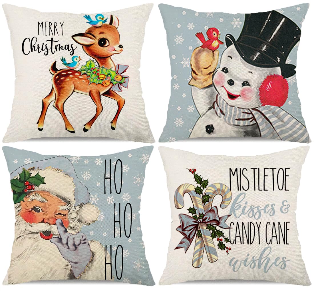 Christmas Pillow Covers Set of 4 - 16x16 Inch Holiday Decor with Snowflake, Santa, Snowman & Deer Designs - Blue Winter Throw Pillow Cases for Couch, Bed & Home Decor - Perfect for Xmas, Winter & Holiday Season