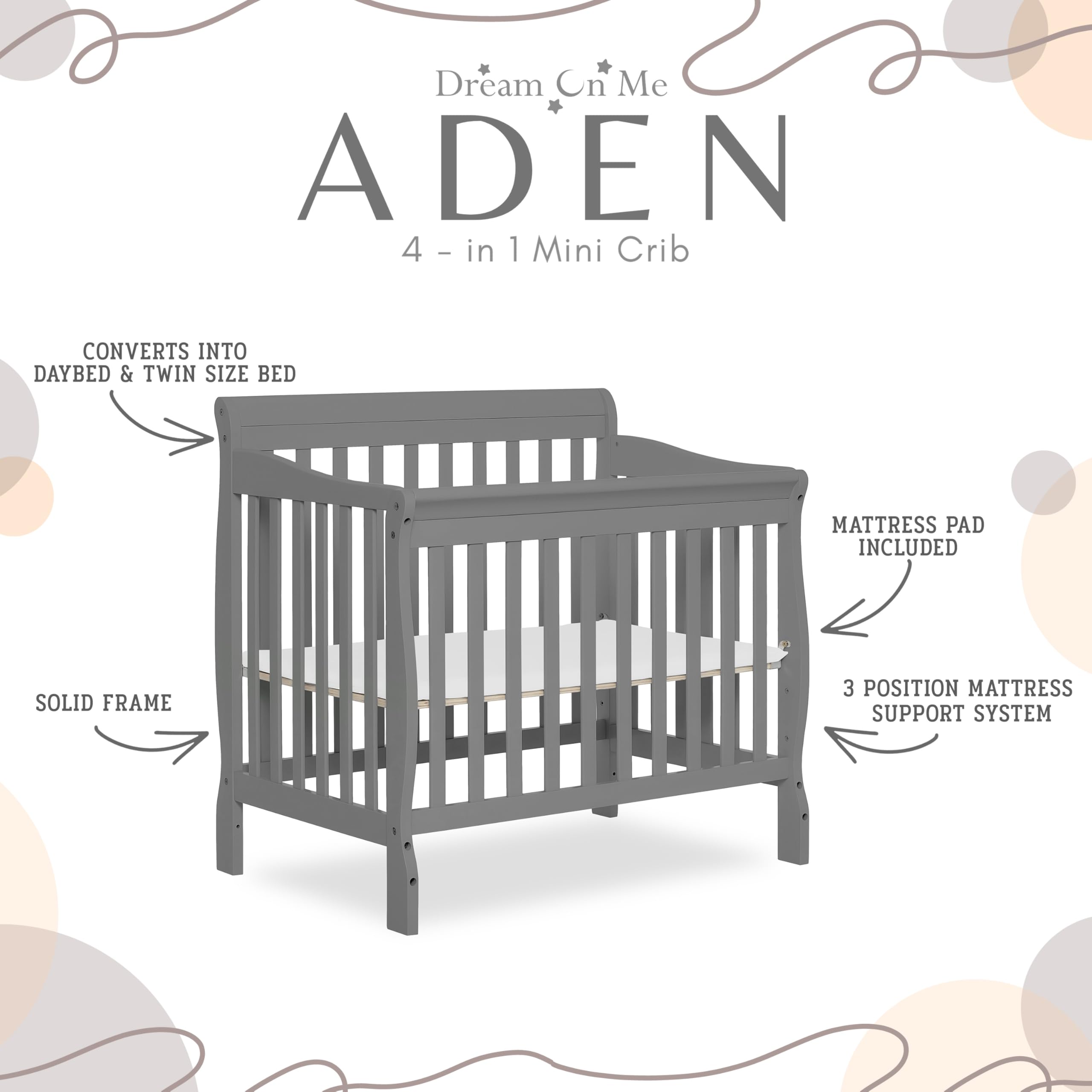 Dream On Me Aden 4-in-1 Convertible Mini Crib - Steel Grey | Greenguard Gold Certified | Non-Toxic New Zealand Pinewood | 3 Adjustable Mattress Heights | Perfect for Nursery, Small Spaces & Travel