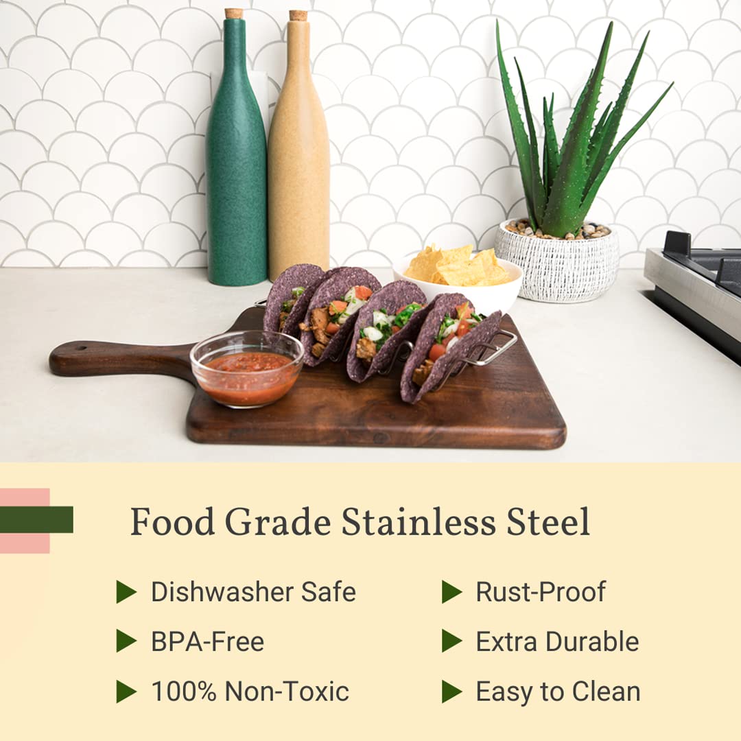 Stainless Steel Taco Holder Stand Set of 4 - Metal Taco Tray with Handles for Oven, Grill & Dishwasher - Taco Serving Rack Holds 4 Street Tacos Each - Perfect for Parties, BBQs & Mexican Food Lovers