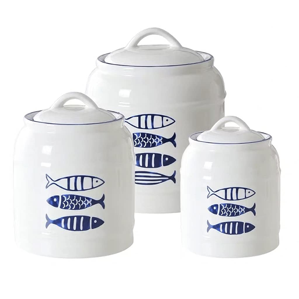 ZANZAN 3-Piece Ceramic Food Storage Jars Set - Airtight Coffee & Cookie Canisters with Handle Lids - Large Countertop Containers for Kitchen, Pantry & Office Organization