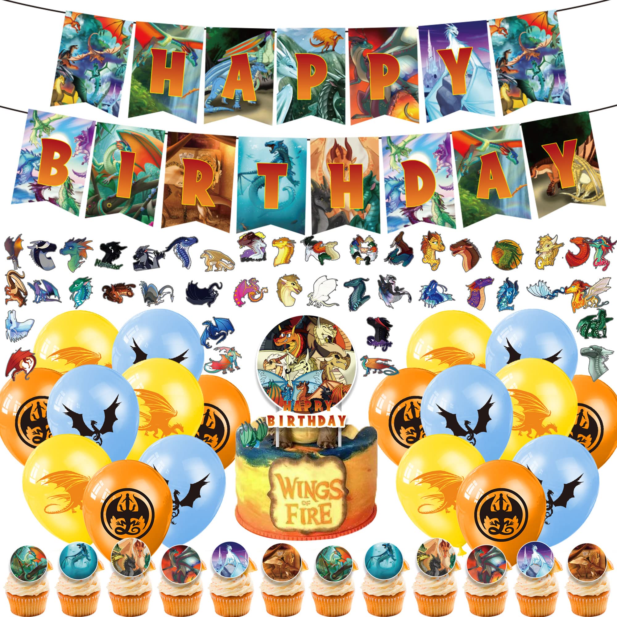 92Pcs Wings of Fire Dragon Party Decorations Set - Happy Birthday Banner, Balloons, Cupcake Toppers & Stickers for Kids & Adults - Perfect for Themed Birthday Parties, Baby Showers & Fantasy Celebrations