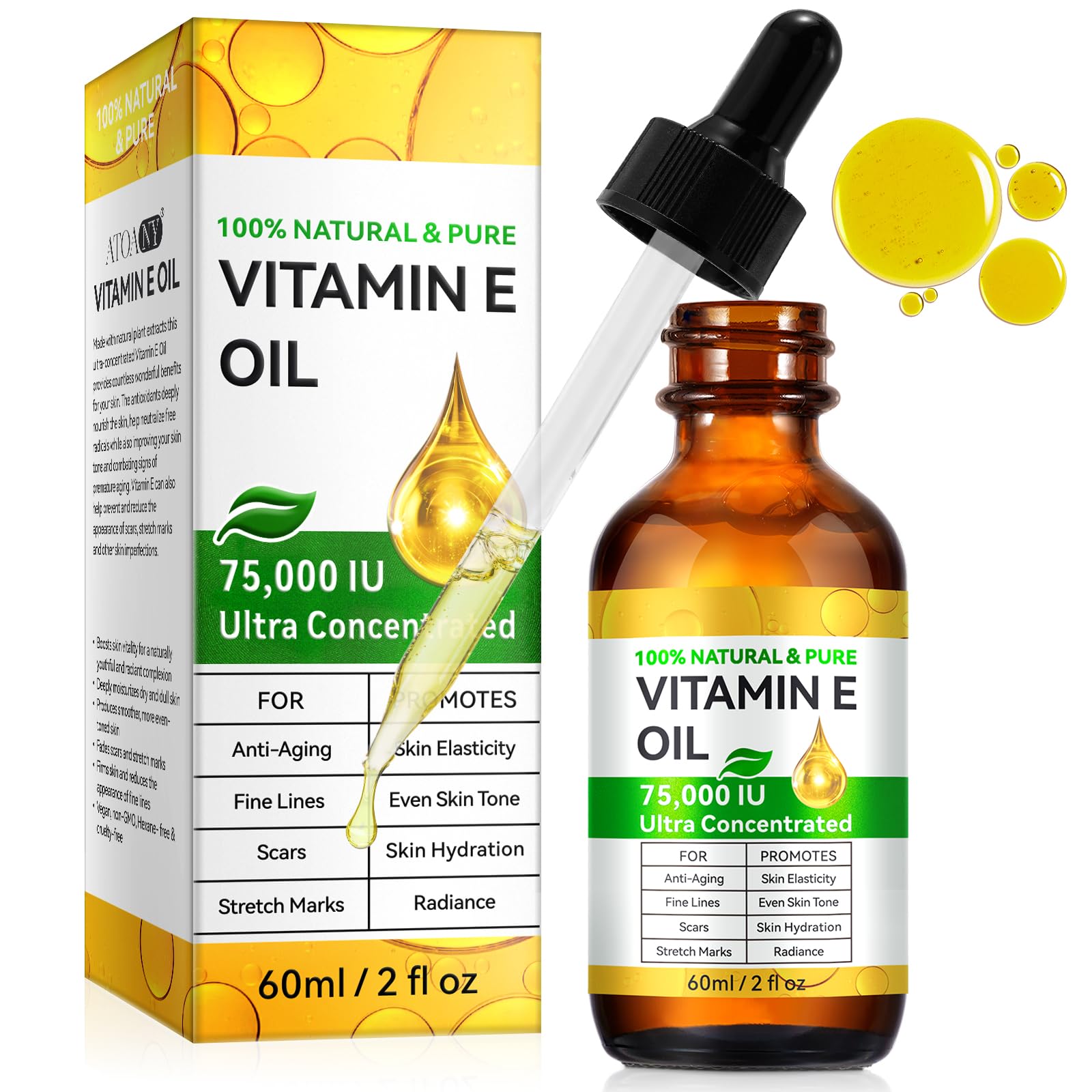 75,000 IU Pure Organic Vitamin E Oil for Face, Scars & Body - Hexane Free Natural Skin Moisturizer for Dry Skin Care & Hydration (2 Fl Oz) - Perfect for Nighttime Skin Repair & Daily Body Nourishment