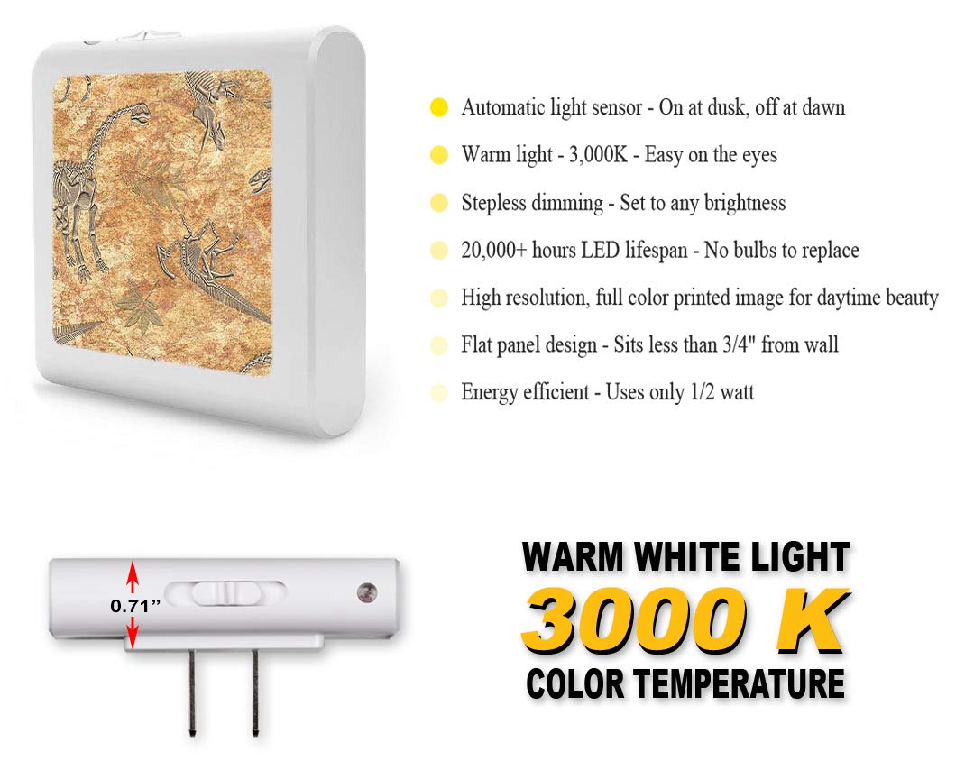 Dimmable LED Night Light with Auto On/Off Sensor - Adjustable Brightness & Warm White Light for Bathroom, Hallway, Nursery & Bedrooms - Dinosaur Fossils Design by Dan Morris - Perfect for Kids' Rooms, Safe Nighttime Navigation & Energy-Efficient Lighting